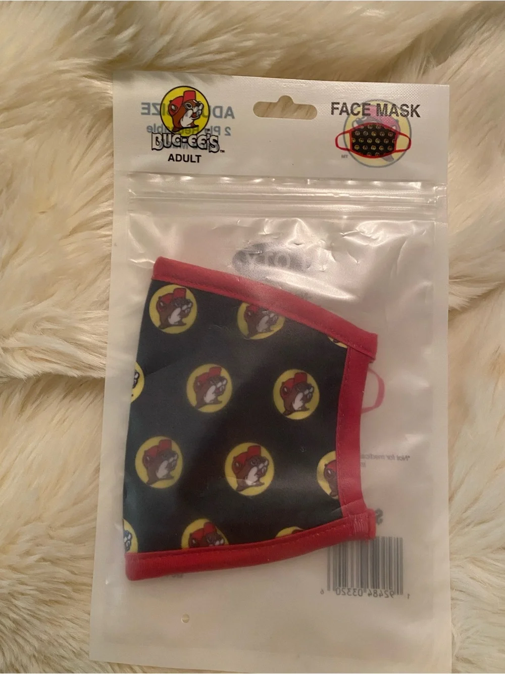 Adult Black Face Mask with Red Trim and Buc-ee’s Logo Pattern